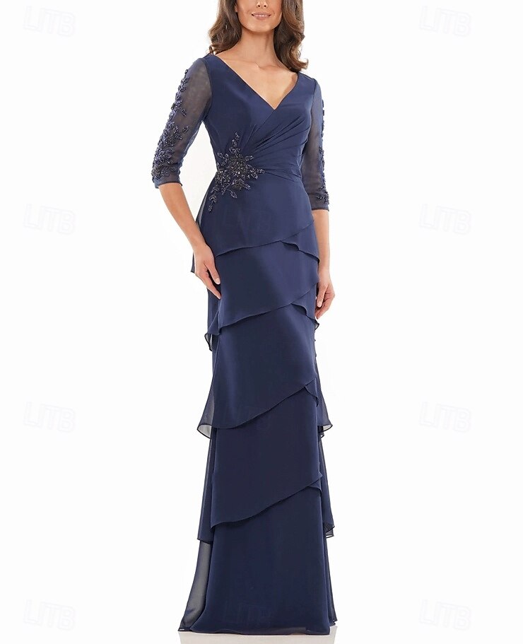 A-Linie Kleid Brautmutterkleid Formell Elegant V Ausschnitt Bodenlang Chiffon Dreiviertelarm mit Stufen Kaskadierende Rüschen Einfarbig 2025 2025 - $161.99 –P3