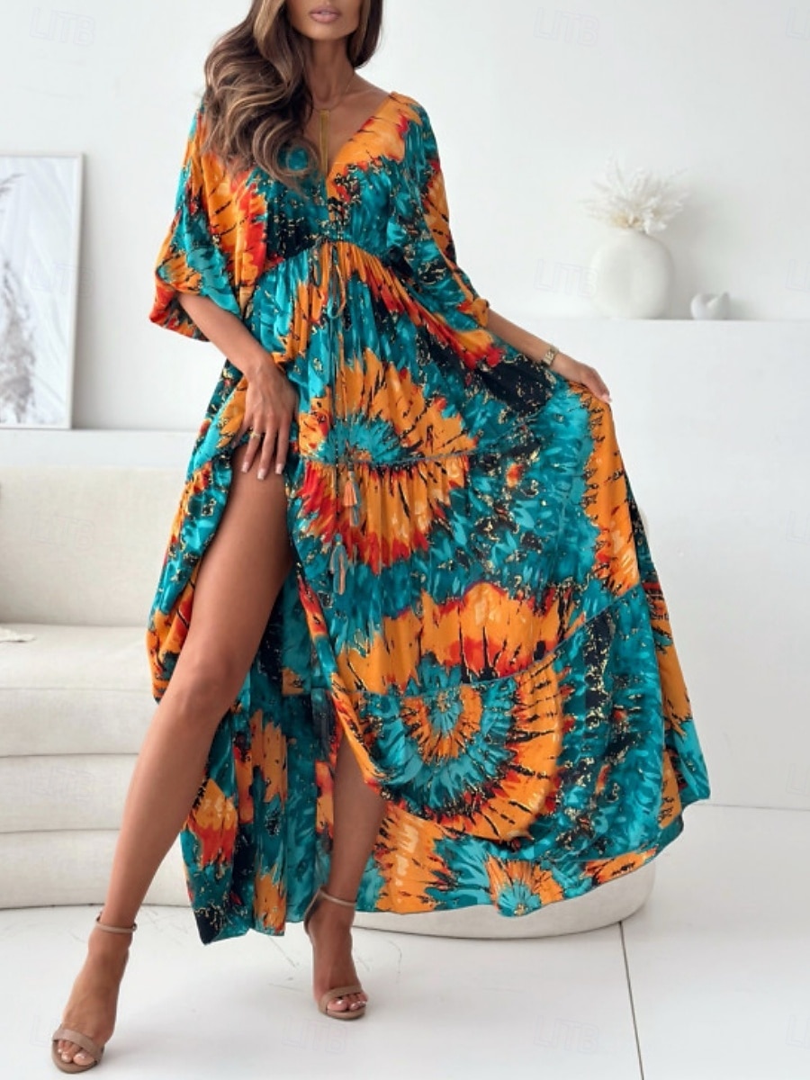 Dame Maxikjole Uformell kjole Swingkjole Boho elegante kjoler Bohem Fritid Feriereise Daglig Løstsittende Blomstret Batikkfarget 3/4 ermer V-hals Lys Lilla Grønn Sommer Vår 2025 - $33.99 –P4