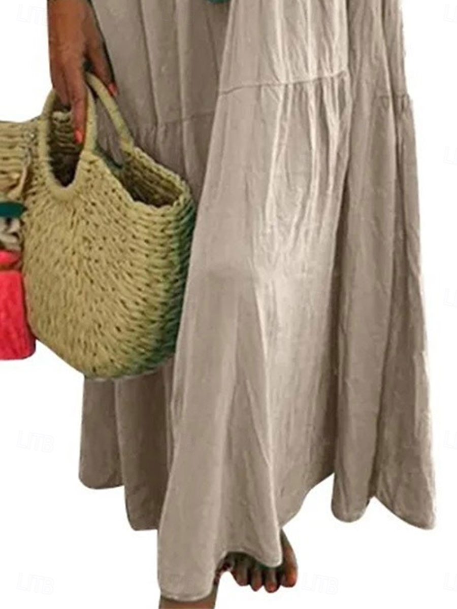 Damen Maxikleid Baumwoll-Leinen-Kleider Freizeitkleid Basic Lässig Urlaub Täglich Lässiger Schnitt Einfach Kurzarm V Ausschnitt Orange Grün Khaki Dunkelblau Sommer Frühling 2025 - $28.99 –P4