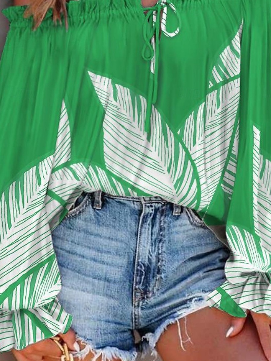 Dame Skjorte Bluse Blomstret Stilfull Fritid Langermet Løse skuldre Vanlige topper Daglig Åpen rygg Trykt mønster Marineblå Blå Fuksia Grønn Sommer Vår 2025 - $24.99 –P2