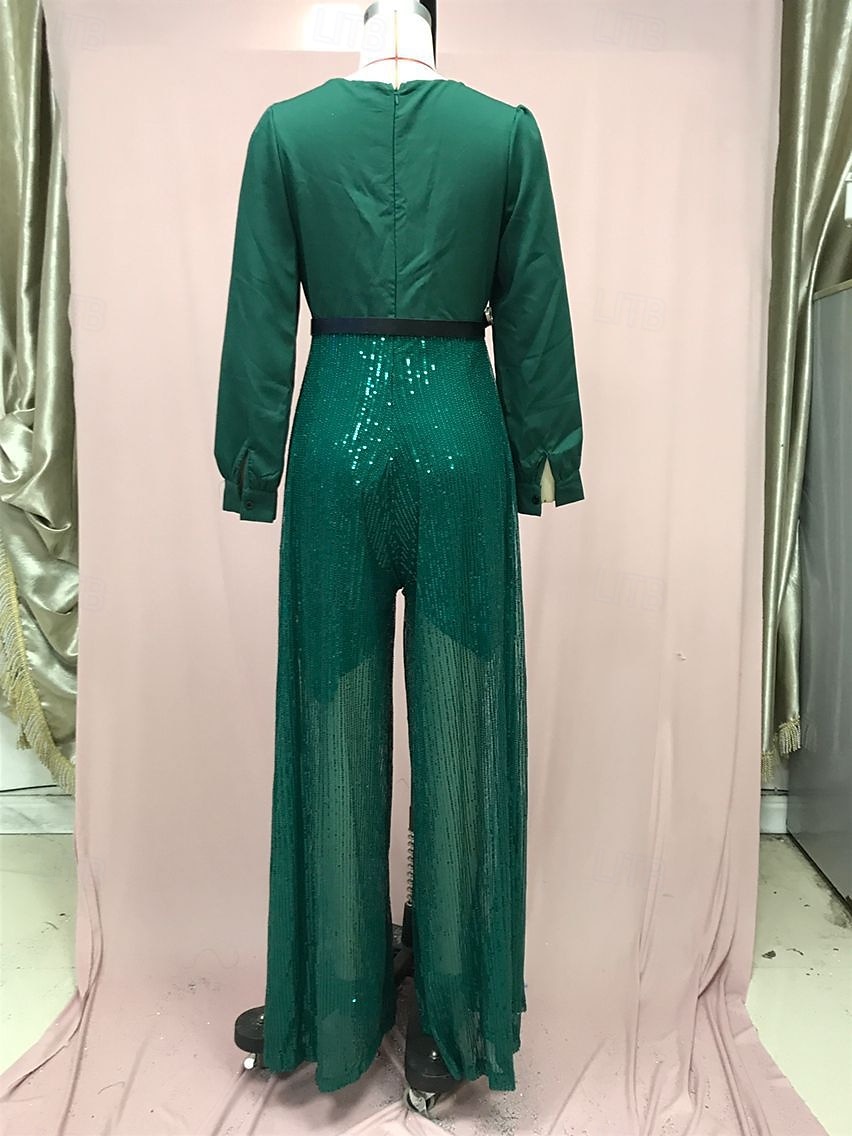 Jumpsuits Mother of the Bride  Formal Elegant V Neck Floor Length Sequined Long Sleeve with Sequin Solid Color 2025 2025 - $120.99 –P4