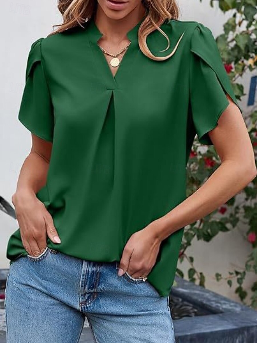 Dames Overhemd Blouse Effen Kleur Basic Casual Korte mouw Gekerfde nek Normale tops Dagelijks Blozend Roze Groen Zomer 2025 - $26.99 –P6