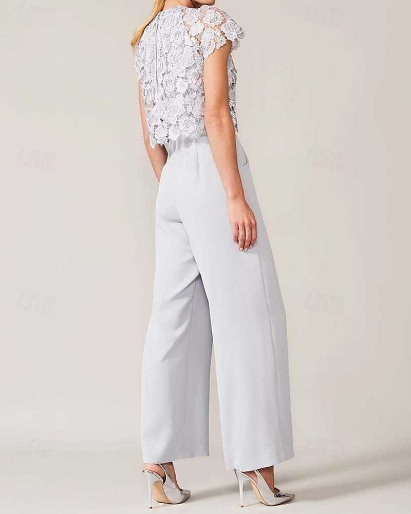 Jumpsuit / Pantsuit Mother of the Bride Pantsuit Scoop Neck Floor Length Crepe Floral Lace Short Sleeve Solid Color 2025 2025 - $168.99 –P2