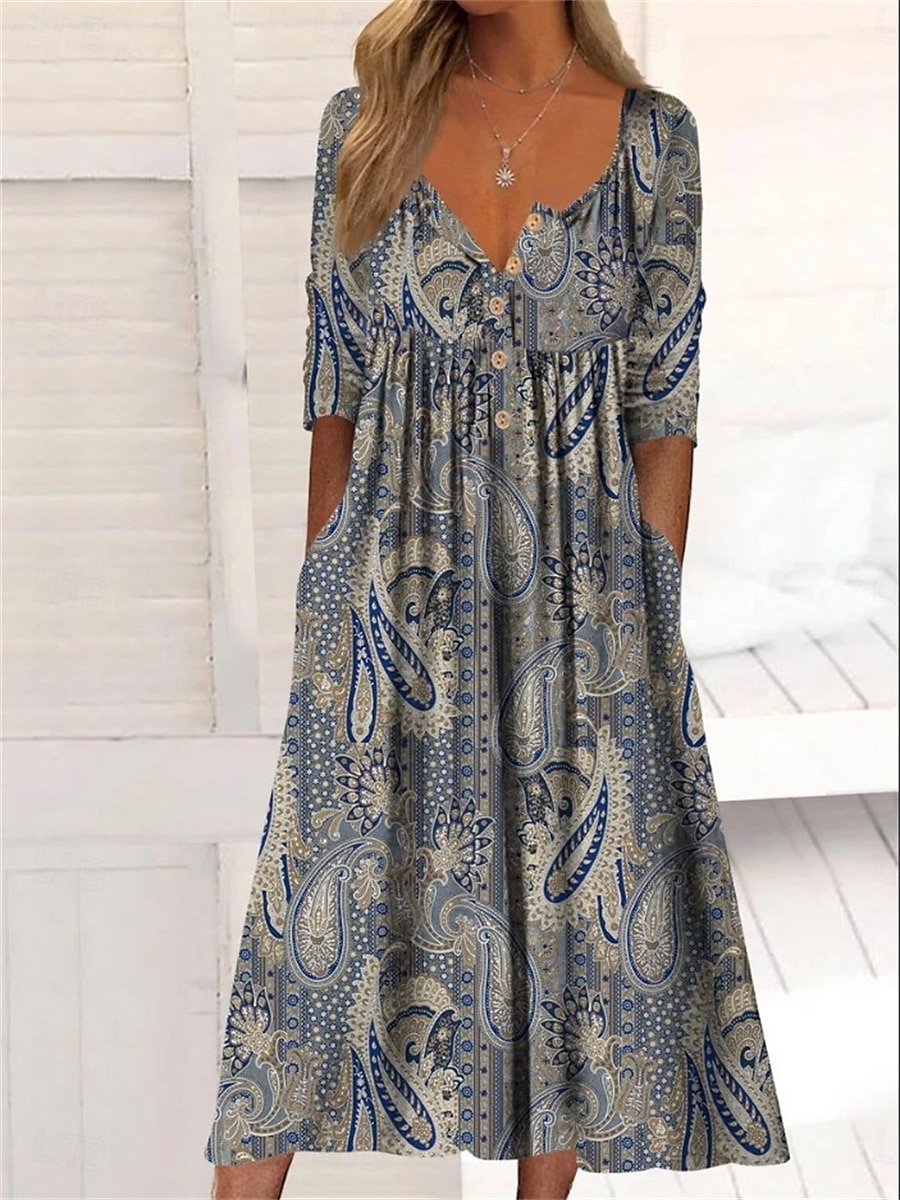 Naisten Midimekko Rento mekko A linjainen mekko Boho-mekko Tyylikäs Vapaa-aika Loma Päivittäin Deitti Loose Fit Kukka Lyhythihainen Tiukka pyöreä kaula-aukko Laivaston sininen Harmaa Kesä Kevät 2025 - $27.99 –P1
