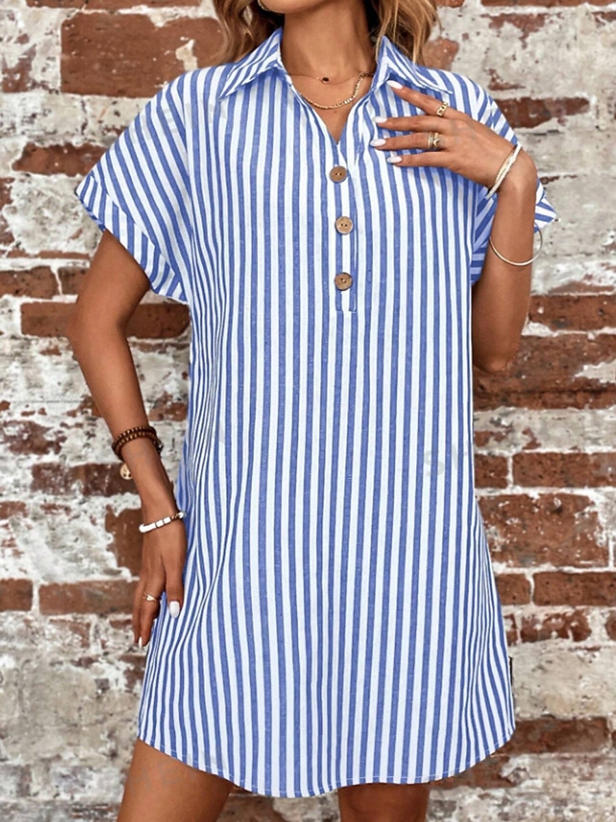 Women's Midi Dress Shirt Dress Stylish Casual Vacation Daily Regular Fit Stripe Short Sleeve Shirt Collar Black Blue Summer 2026 - $26.99 –P1