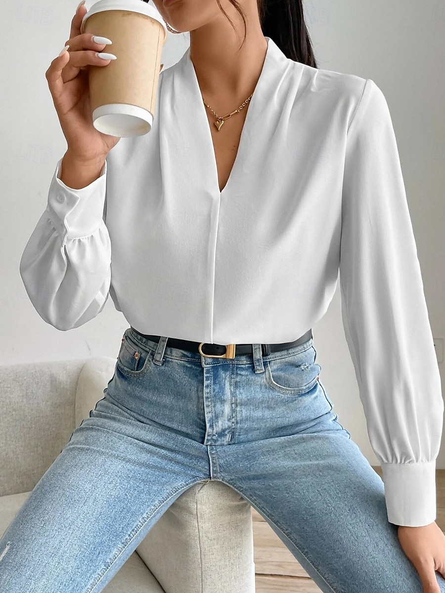 Dame Skjorte Bluse Helfarge Stilfull Fritid Langermet V-hals Vanlige topper Daglig Knapper Lomme Svart Hvit Gul Blå Grønn Sommer Vår 2025 - $31.99 –P6