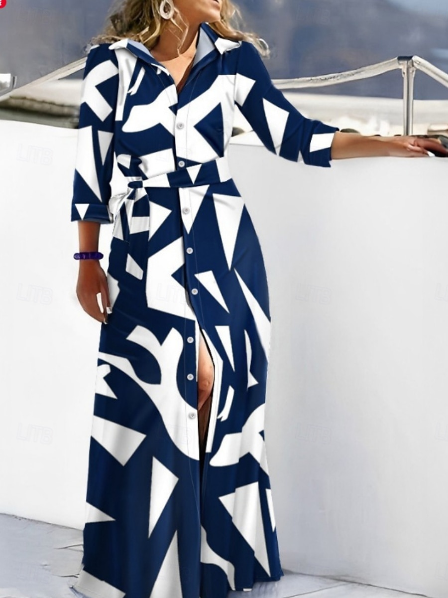 Women's Maxi Dress Shirt Dress Casual Dress A Line Dress Stylish Casual Vacation Daily Regular Fit Stripe Long Sleeve Shirt Collar Navy Blue Blue Summer 2025 - $32.99 –P4