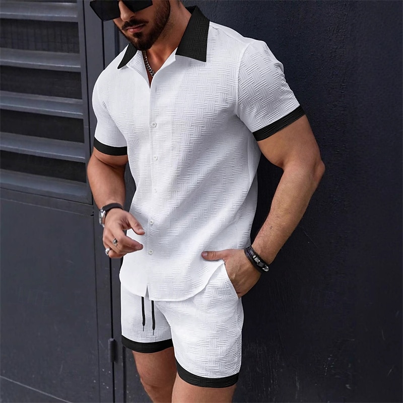 Men's T-shirt Suits 2 Pieces Outfits Tee & Shorts Short Sleeve Lapel Summer Plain Fashion Casual Patchwork 2 Piece Jacquard Vacation Daily Wear Going out Black White Pink Top Tee for Men 2025 - $34.99 –P5