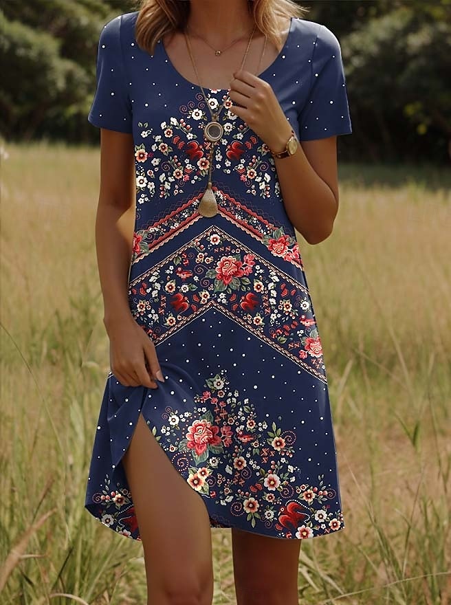 Robe Mini Femme Robe Décontractée Robe Petite Robe T Shirt Robe Tee Robe d'Été Décontractée Vacances Quotidiennes Régulière Florale Manches Courtes Col Ras du Cou Bleu Foncé Été de 2025 ? $23.99 –P1