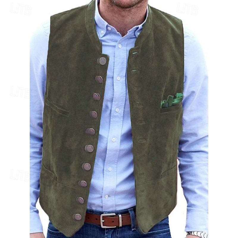 Men's Vest Gilet Suede Vest Vacation Daily Date Fashion Casual Spring & Fall Buttons Pocket Polyester Comfortable Plain Single Breasted One-button Stand Collar Regular Fit Black Red Blue Army Green 2025 - $44.99 –P5