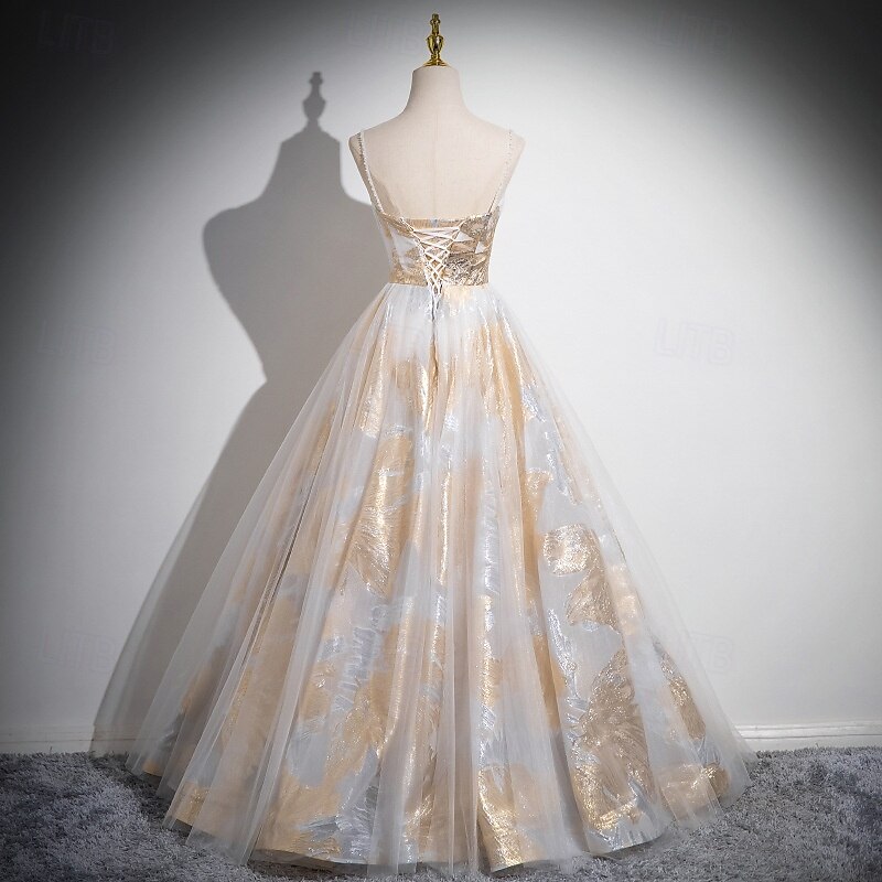 Floral Gold Ball Gown A-Line Prom Dresses Vintage Dress Formal Masquerade Floor Length Sleeveless Spaghetti Strap Tulle with Glitter Wedding Guest Dress 2025 - €106.19 –P2