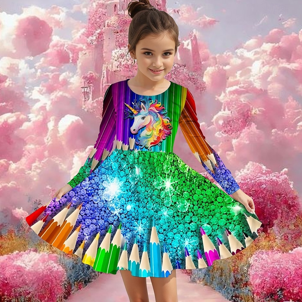 Flickor 3D Grafisk Enhörnings Klänning Långärmad Sommar Vår Semester Dagligen Helgdag Prinsessa Skön Ljuv Barn 4-12 år Vardagsklänning A linjeklänning Knälång Normal 2025 - $16.99 –P4