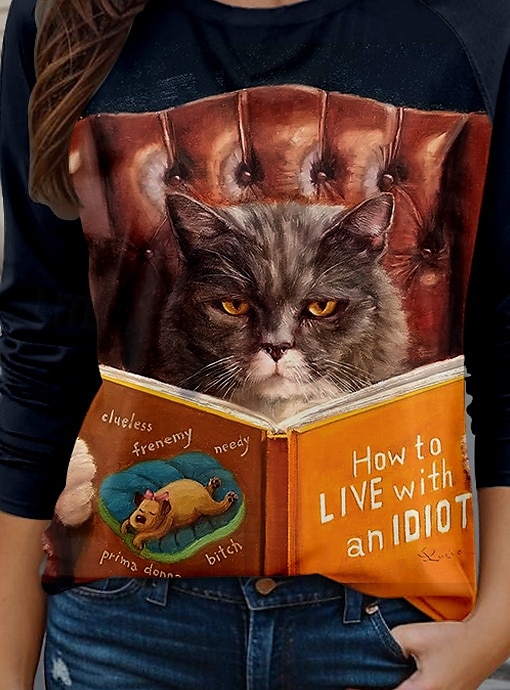 Dame T skjorte Dyr Katt Bokstaver Fritid Langermet Crew-hals Lange topper Daglig Trykt mønster Svart Vår Vinter 2025 - $24.99 –P3