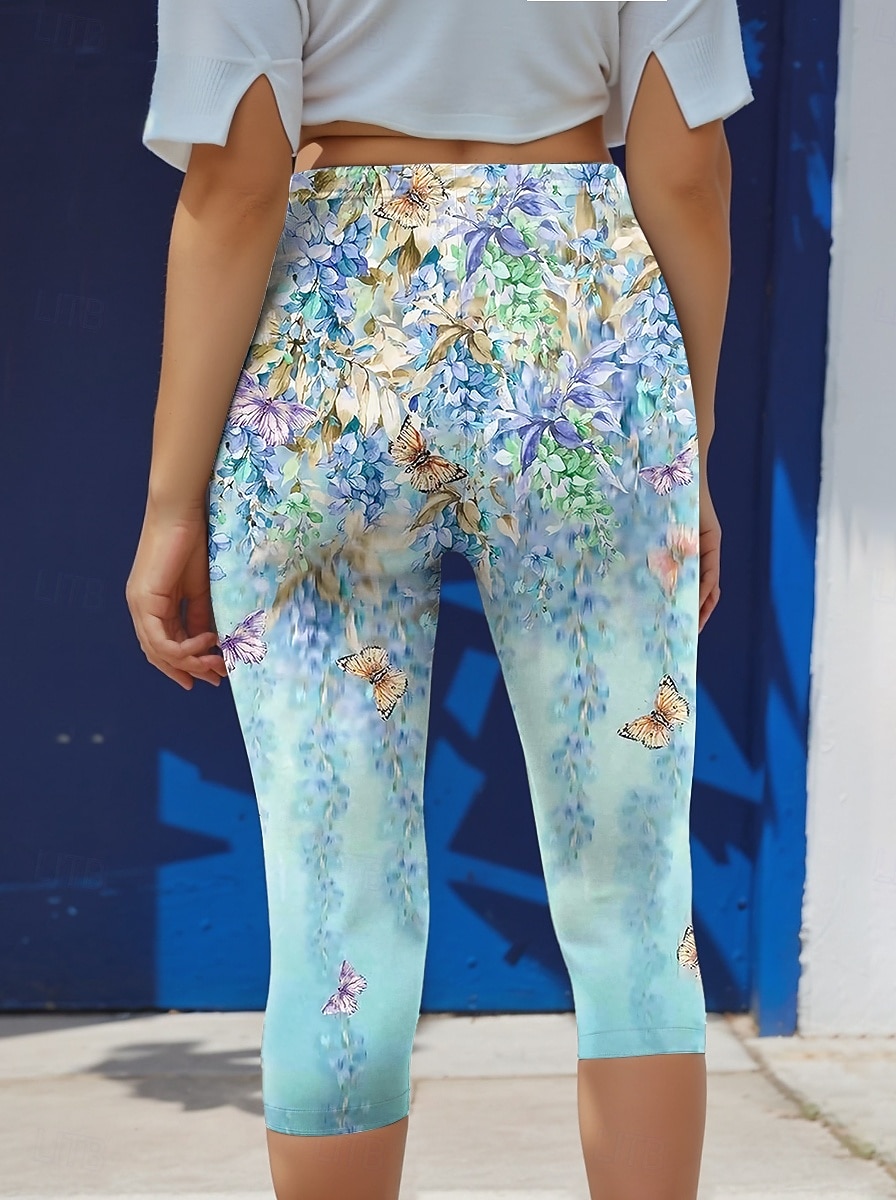גטונים לנשים מכנסי קפרי אופנה רחוב באורך מלא עם מותן גבוהה הדפסה פרחונית תרמית חמה נושמת רכה מיקרו-אלסטית חוץ יומי כחול סתיו חורף מתאים רגיל 2025 - $18.99 –P3