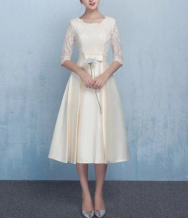 A-linjead klänning brudmodersklänning formell elegant enkel juvelringning ankarlängd té längd satin halvlång ärm med spets rosett/rosetter blomma derby klänning tävlingsdag klänning 2025 2025 - $108.99 –P5