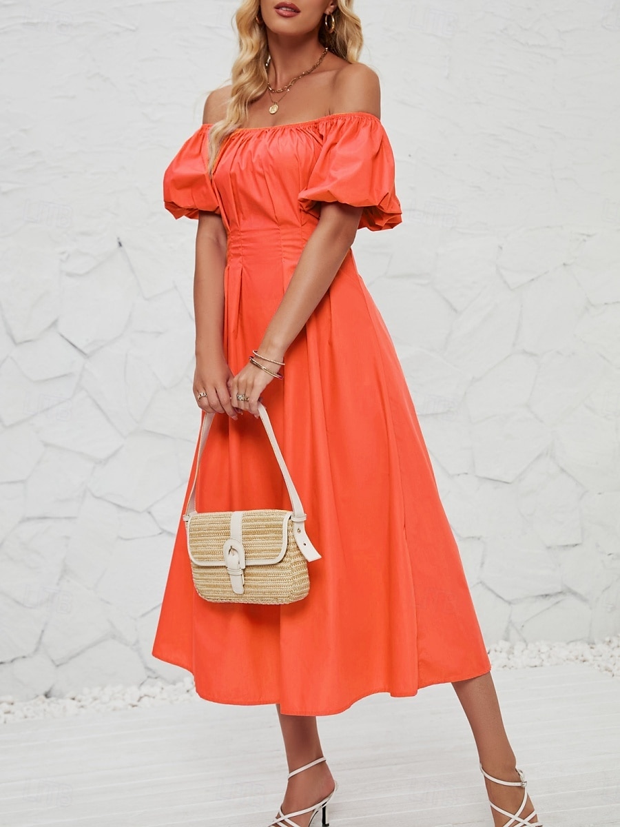 Femme Robe mi-longue Robe casual Robe Évasée Robe Trapèze Elégant mode Décontractées Vacances du quotidien Standard Plein Manche Courte Epaules Dénudées Rose Claire Orange Eté Printemps de 2025 ? $34.99 –P9
