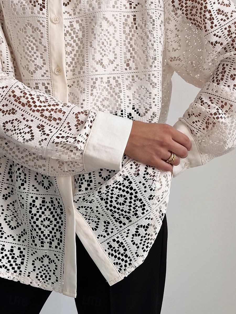 Damskie Koszula Koszula Boho Elegancja Długi rękaw Biskup Kołnierzyk koszuli Długie topy Codzienny Święto Oczko Beżowy Lato Wiosna Jesień 2025 - $27.99 –P3