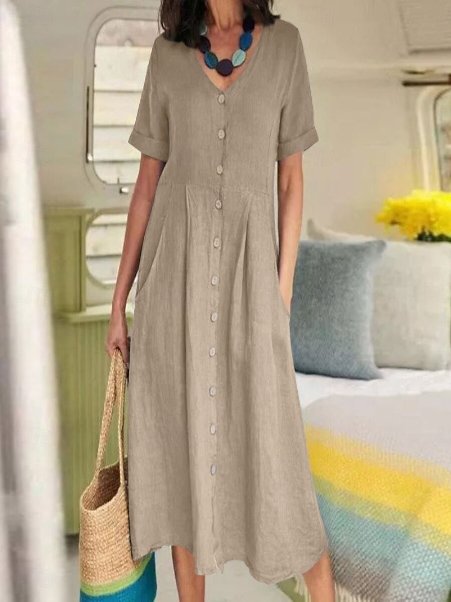 Damen Langes Kleid Maxikleid Leinen-inspirierte Kleider Baumwoll-Leinenkleid Hawaiianisch Normale Passform Einfarbig Kurzarm V Ausschnitt Dunkelbraun Weinrot Weiß Sommer Frühling 2025 - $26.99 –P4