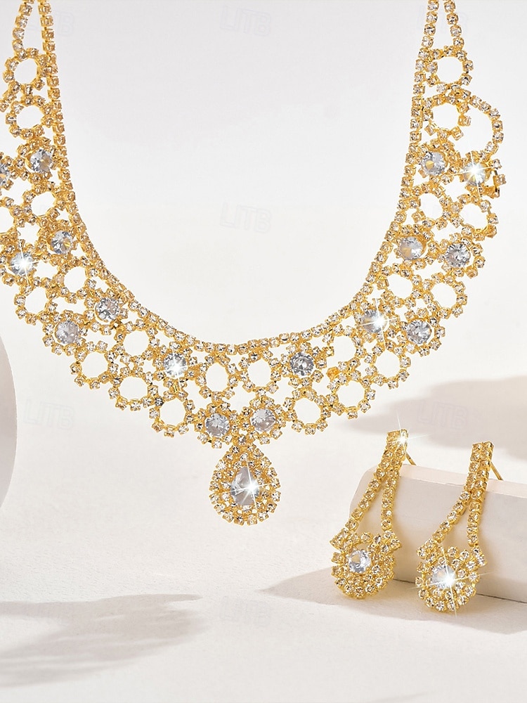 set di collana e orecchini in cristallo dorato da donna – eleganti gioielli con strass per matrimoni, feste e occasioni speciali del 2025 a $14.99 –P3