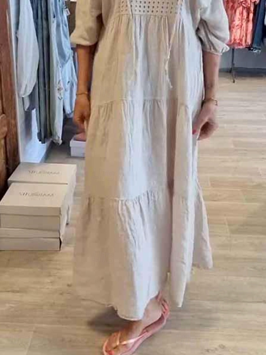 Dam Maxiklänning Linneinspirerade klänningar Vit klänning Solklänning Vit bomullsklänning Ledigt Semester Dagligen Lös passning 3/4 ärm Naggad hals Kaki Beige Sommar Vår 2025 - $36.99 –P6
