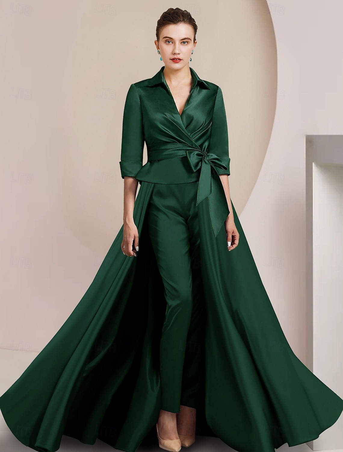 To-delt jumpsuit/buksedress mor til bruden formell bryllupsgjest elegant skjortekrage ankel lengde sateng halv erme med sløyfe(r) gratis tilpasset størrelse 2025 - $196.99 –P4