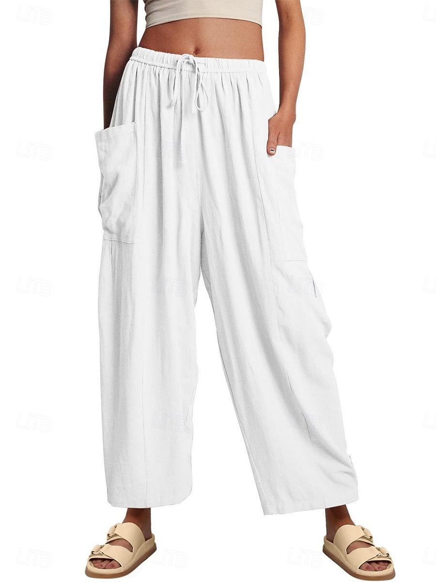 Women's Wide Leg Chinos Basic Full Length High Waist Plain Pocket Elastic Waistband Comfy Soft Comfortable Micro-elastic Outdoor Street White Khaki Summer Spring Regular Fit 2025 - $24.99 –P5