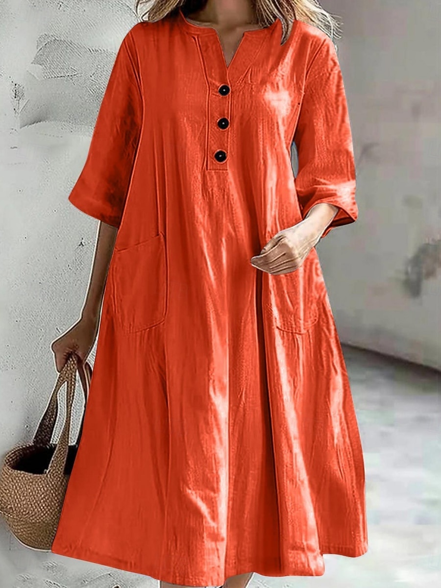 Women's Midi Dress Cotton Linen Dresses Basic Casual Vacation Daily Regular Fit Plain 3/4 Length Sleeve Notched Neck Black Red Purple Light Blue Summer 2025 - $22.99 –P14