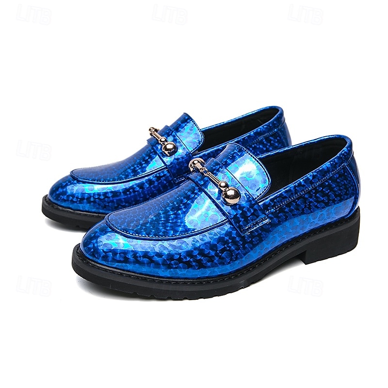 mocassini da uomo in similpelle blu metallizzata con catena dorata decorativa – scarpe slip-on alla moda per occasioni formali e da festa del 2025 a $46.99 –P4