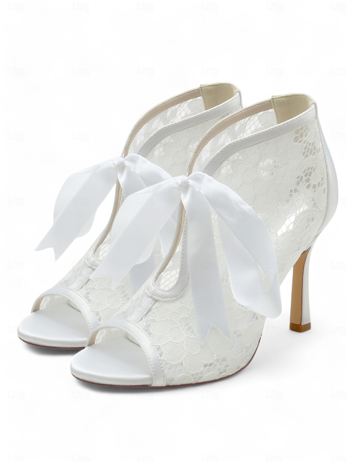 papuci de damă din dantelă albă cu vârf deschis la gleznă cu cravată panglică din satin – pantofi de mireasă eleganți cu toc înalt pentru mirese 2025 - $69.99 –P1