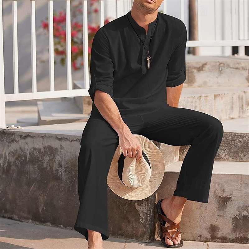 Herren 2 Stück Hemden-Set Sommer-Set Passende Sets Lässiges Hemd Glatt Urlaub Täglich Schwarz Grau Leicht Blau Langarm Kragen Sommer Bekleidung 2025 - $42.99 –P3
