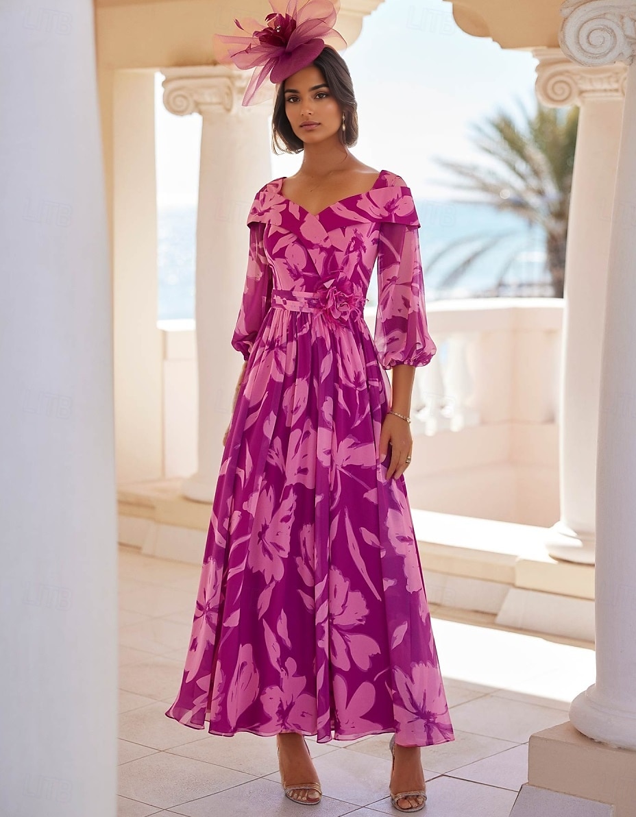 Abito per la madre della sposa a-line elegante collo a gioiello floor lunghezza chiffon maniche lunghe con applicazioni abito per giornata delle corse abito da ospite per matrimonio del 2025 a $191.99 –P1