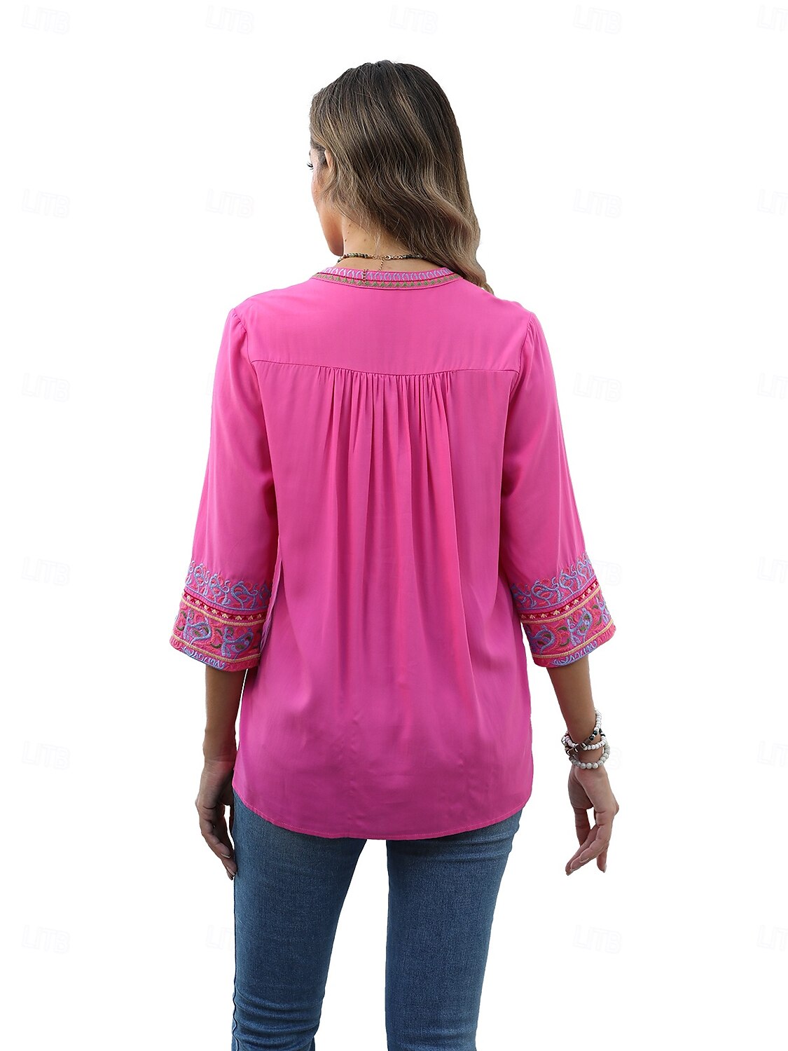 Pentru femei Cămașă Boho Boemia Zilnic Stilat Floral Simplu Topuri obișnuite Lungime Manșon 3/4 Cu Mâneci La Cot În V Brodat Potrivire Largă Muncă Zilnic Ieșire Negru Roz trandafiriu Vară 2025 - $33.99 –P2