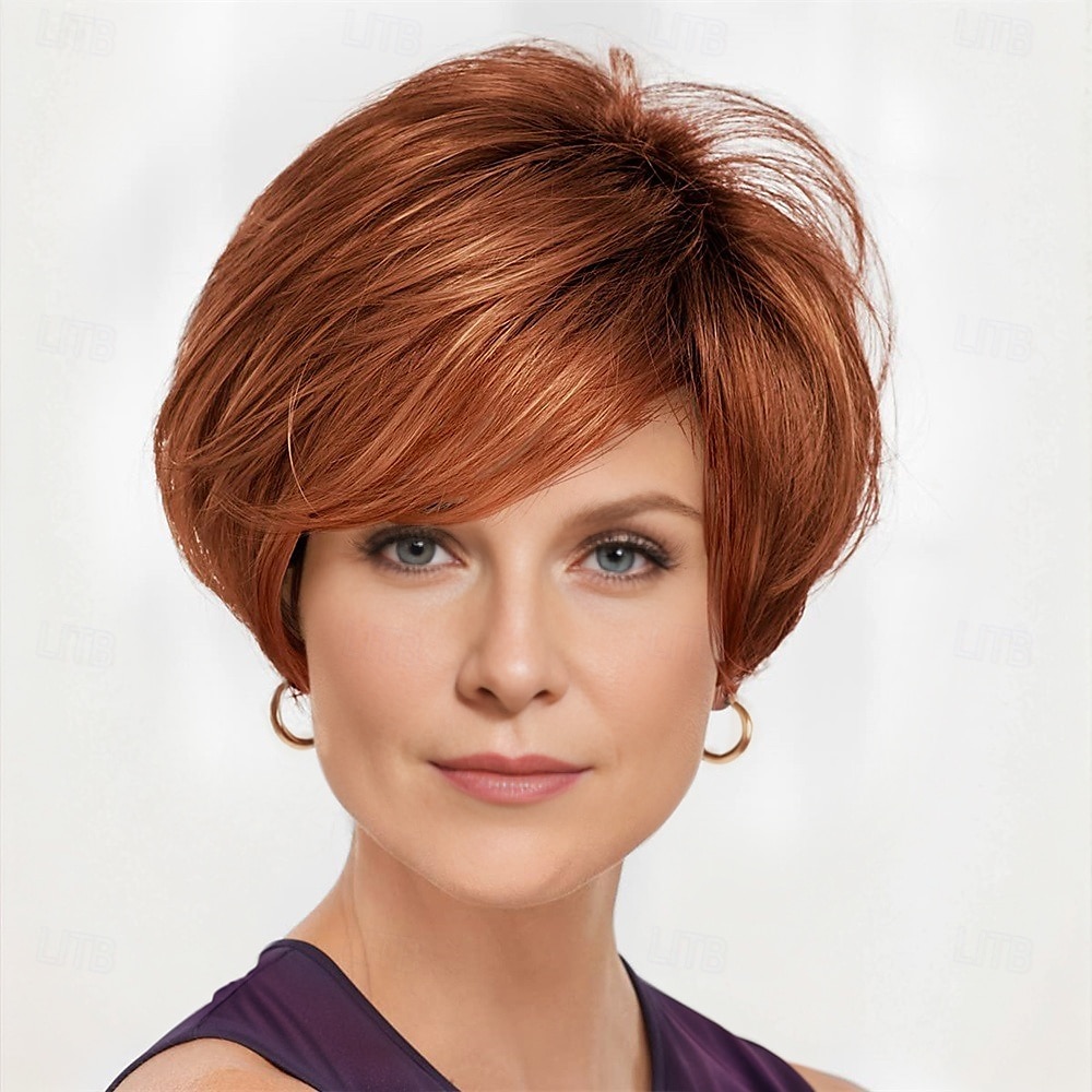 Perruque Bennett Whisperlite Perruque bob courte sophistiquée avec des couches de plumes et une frange rasant les cils / nuances multi-tons de blond argenté brun et rouge de 2025 ? $24.99 –P2