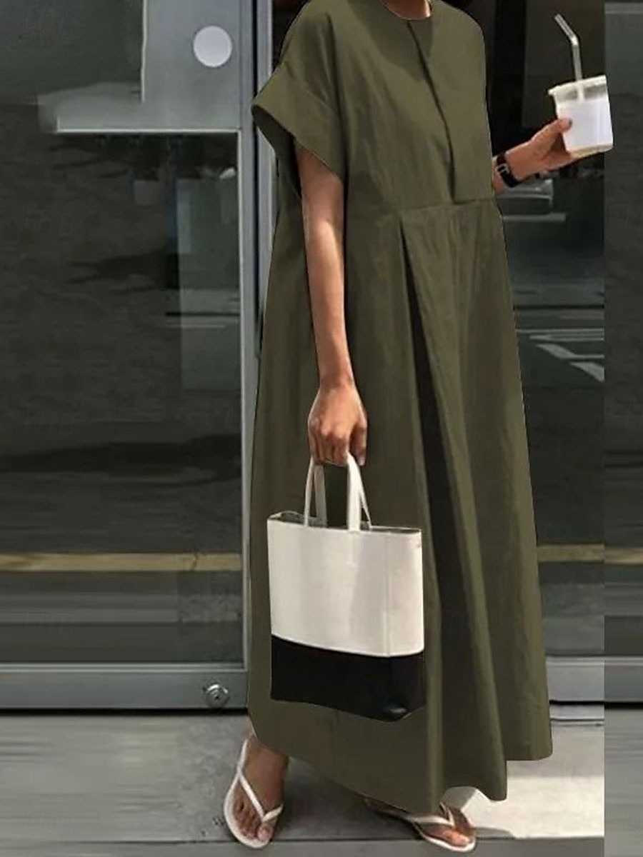 Women's Maxi Dress Cotton Linen Dresses Casual Dress Cotton Maxi Dress Basic Casual Vacation Daily Loose Fit Plain Short Sleeve Crew Neck Khaki Army Green Dark Blue Gray Summer Spring Fall 2025 - $36.99 –P4