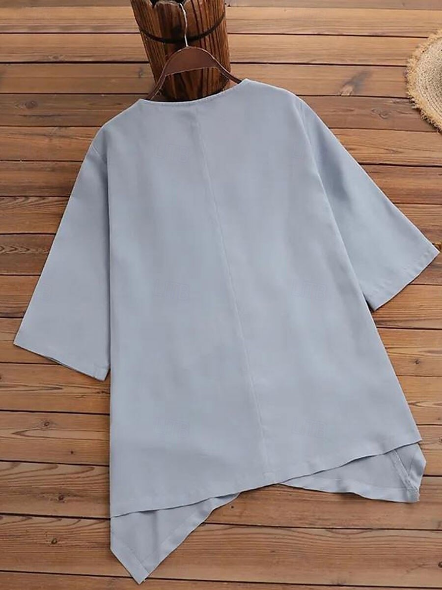 Women's Blouse Solid Color Elegant Stylish Casual Short Sleeve Crew Neck Regular Tops Work Daily Going out Asymmetric Hem Dusty Blue Gray Summer Spring 2025 - $26.99 –P8