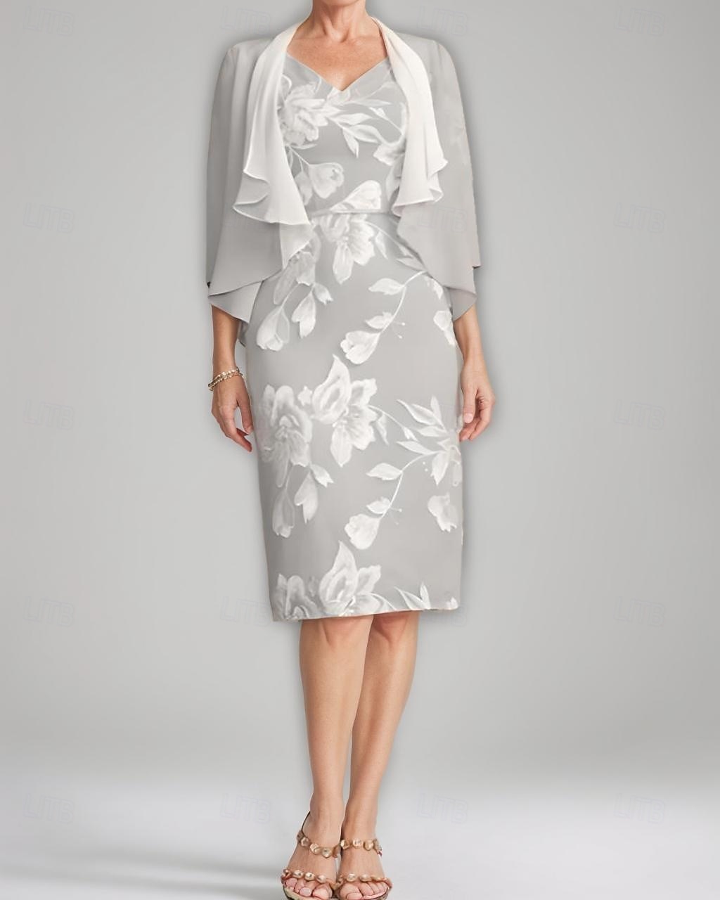 Robe mère de la mariée deux pièces robe fourreau  colonne élégante vintage col en V longueur thé chiffon dentelle florale appliquée à manches 3/4 avec veste ruchée robe de jour de course de 2025 ? $135.99 –P4