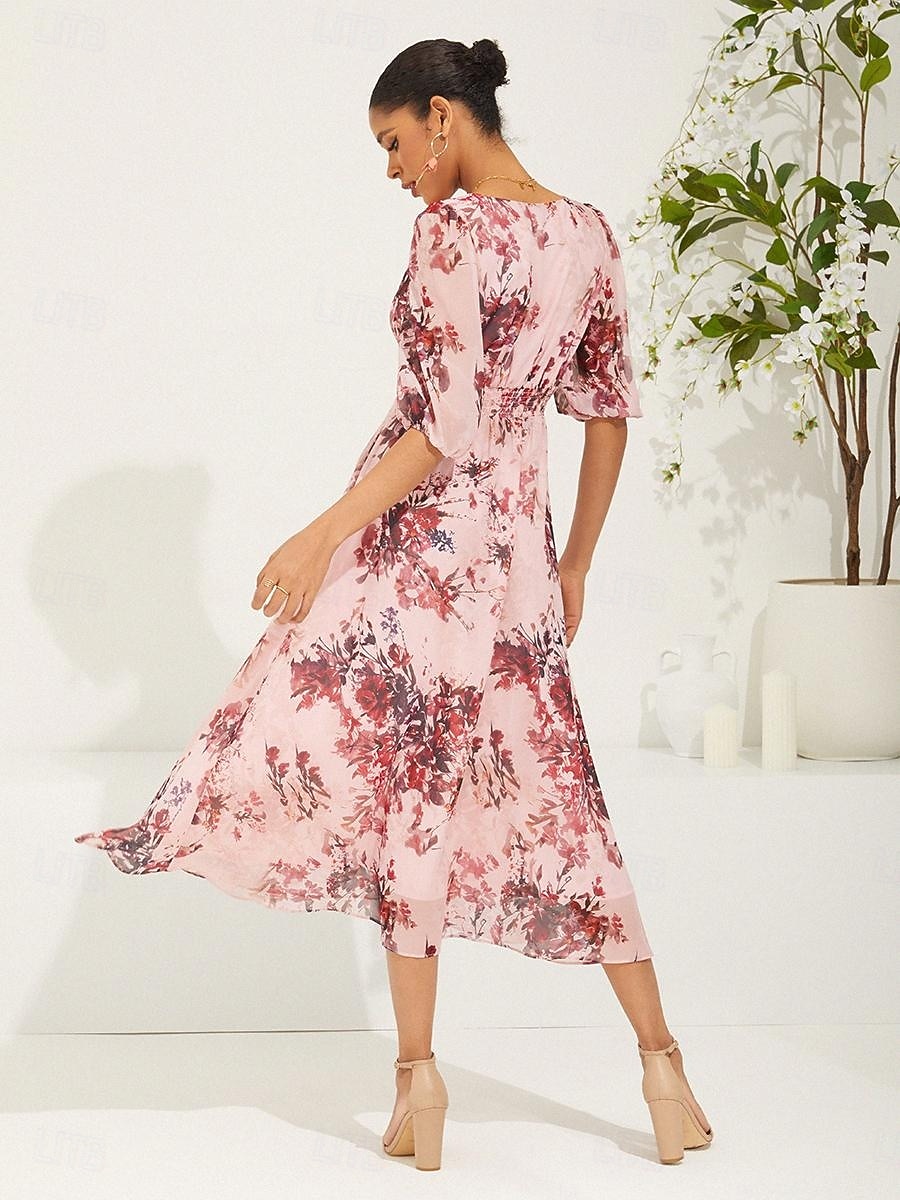 Dámské Midi šaty Šifonové šaty Elegantní stylové Nahoře nabírané Svatební Svatební host Denní Běžný Květinový Poloviční rukáv Do V Světlá růžová Léto Jaro Podzim 2025 - $59.99 –P2