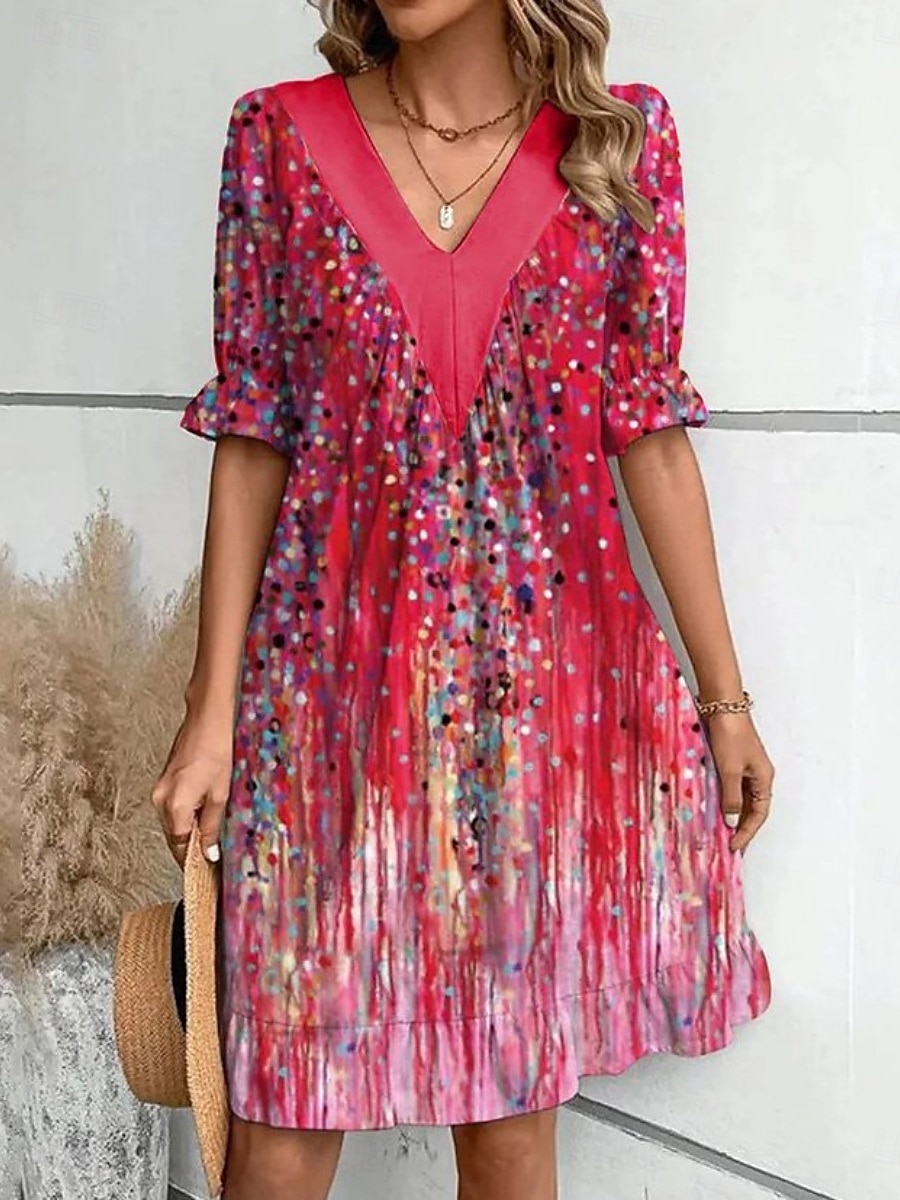 Femmes Mini Robe Robe d'été Occasionnel Quotidien Coupe régulière Fleuri Rayé Demi Manches Col en V Rouge Marron clair Bleu Vert Été Printemps de 2025 ? $28.99 –P1