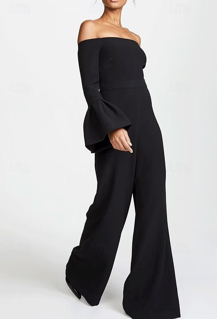 Jumpsuits Abendkleid Elegantes Kleid Abendparty Party Wear Bodenlang Lange Ärmel Off-Schulter Gürtel  Sash Baumwollmischung Rückenauschnitt mit Rüschen 2025 - $151.99 –P4