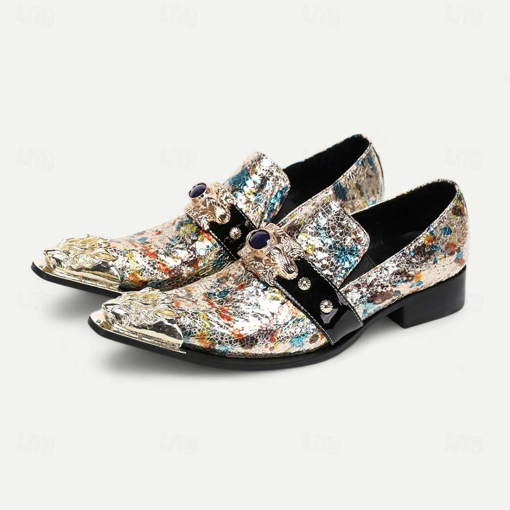 pánské vícebarevné kožené slip-on společenské boty s ozdobnou kovovou špičkou a šperkovým akcentem - prvotřídní formální mokasíny z hovězí kůže na večírky a svatby 2025 - $119.99 –P1