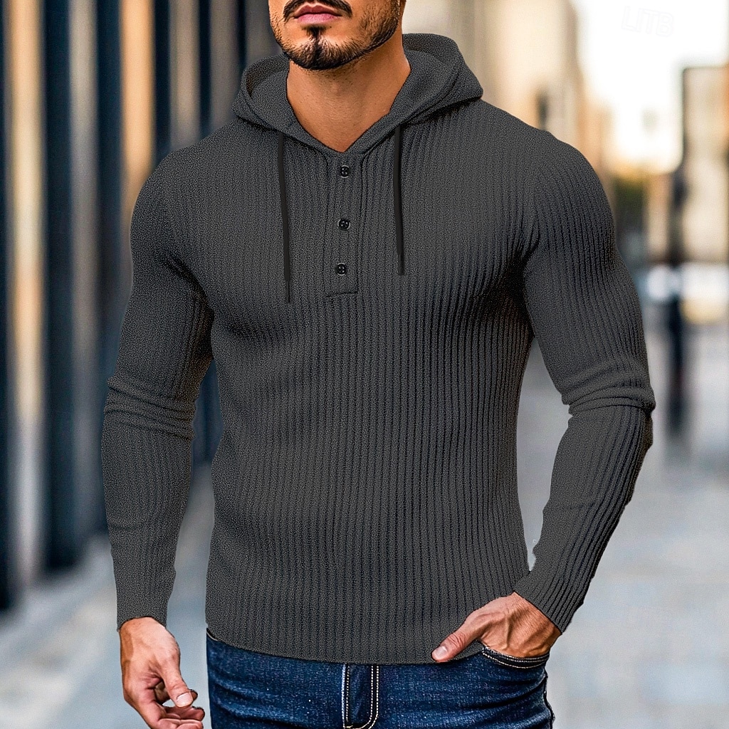 Herr Ribbstickad t-shirt T-tröja Långärmad tröja Långärmad Huva Henley Vår & Höst Ensfärgat Dagligen Ledigt Gatustil Huva Utomhus Gata Casual Ljusblå Svart Vit Topp t-shirt för män 2025 - $22.99 –P9