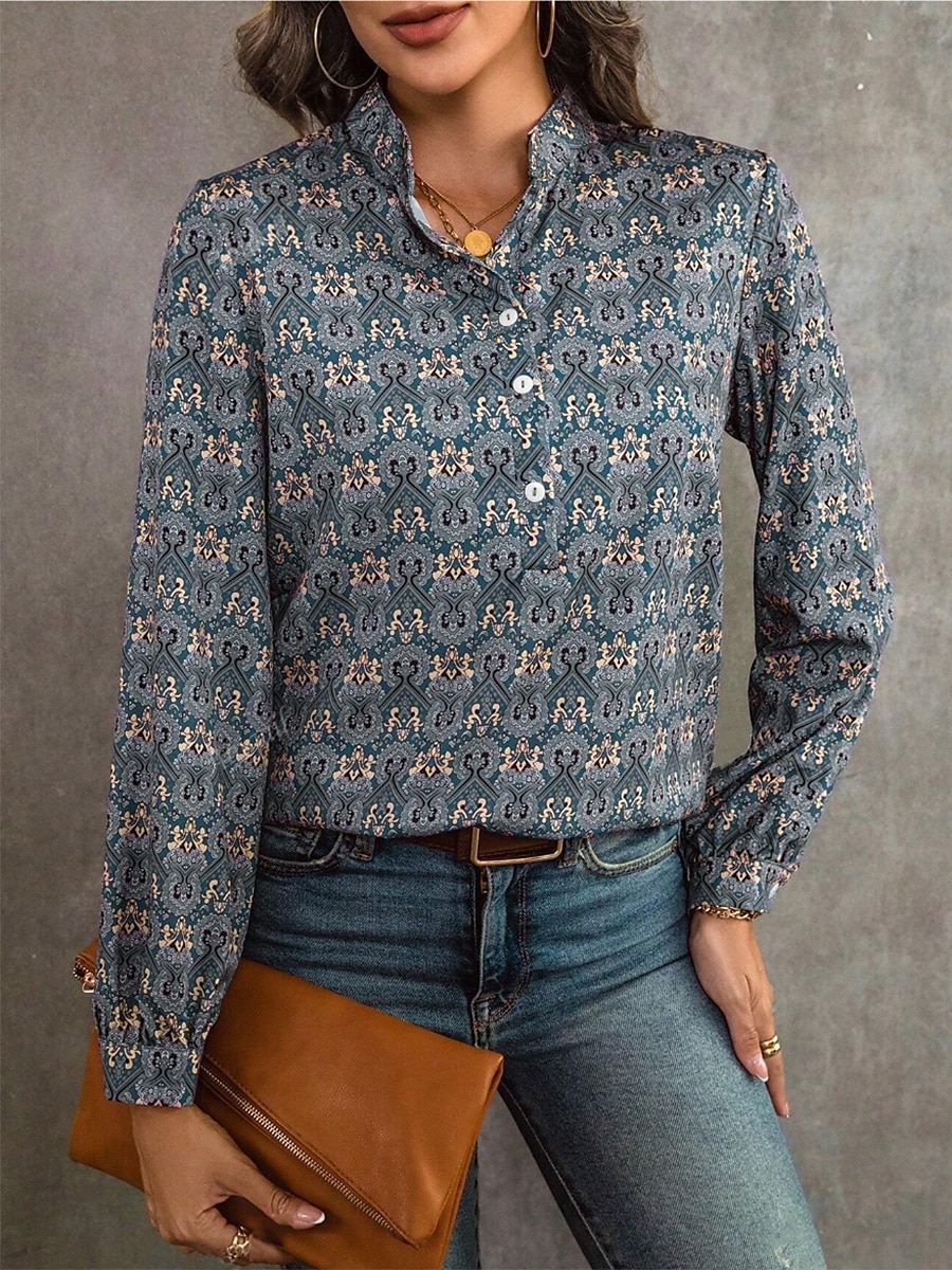 Damen Elegante Oberteile Kunstbaumwollleinen Stilvoll Retro Vintage Langarm Bischofsärmel Einkerbiger Ausschnitt Normale Oberteile Täglich Blau Sommer Frühling Herbst 2026 - $18.49 –P4
