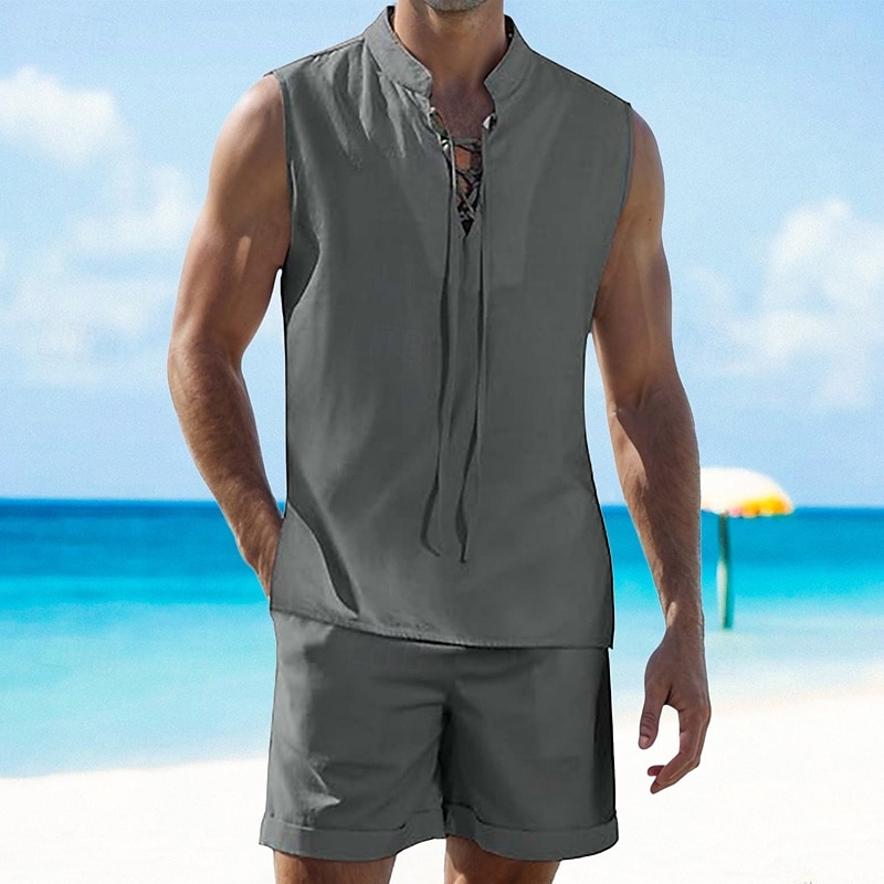 Per uomo 2 pezzi Completo di camicia Set estivo Set abbinati Abbigliamento mare Liscio Da mare Giornaliero Nero Bianco Blu marino Cachi Senza maniche Colletto Estate Abbigliamento del 2025 a $34.99 –P5