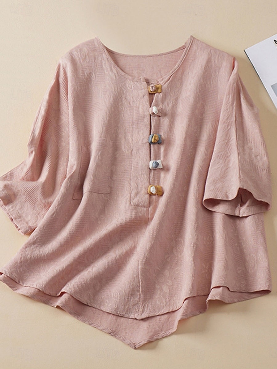Femmes Chemise Chemisier Chemises en coton et lin Couleur Unie Basique Occasionnel Manche 3/4 Col ras du cou Hauts Réguliers Quotidien Boutons Rose Claire Bleu Été de 2025 ? $29.99 –P1