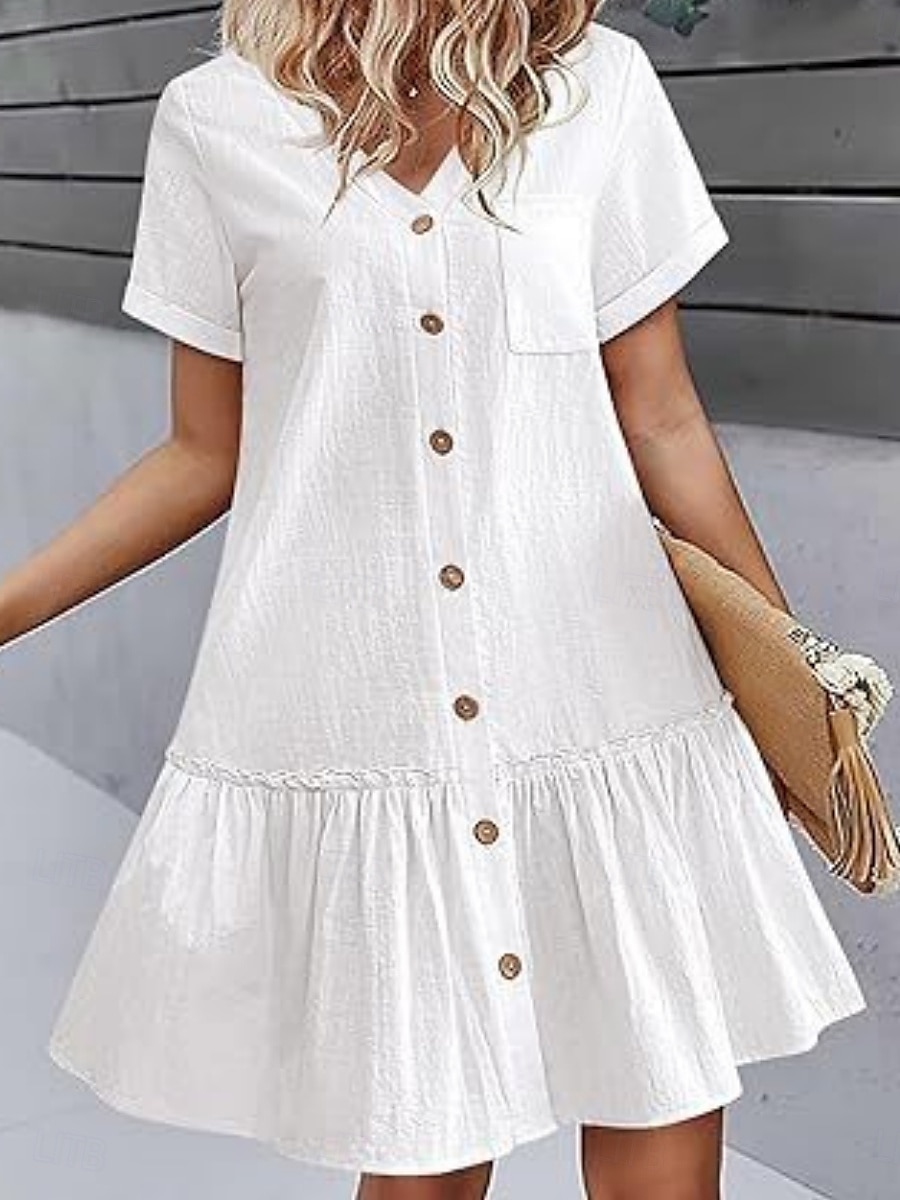 Femmes Mini Robe Robes en coton et lin Élégant Basique Occasionnel Quotidien Coupe régulière Uni Manche Courte Col en V Blanche Jaune Été de 2025 ? $22.99 –P4