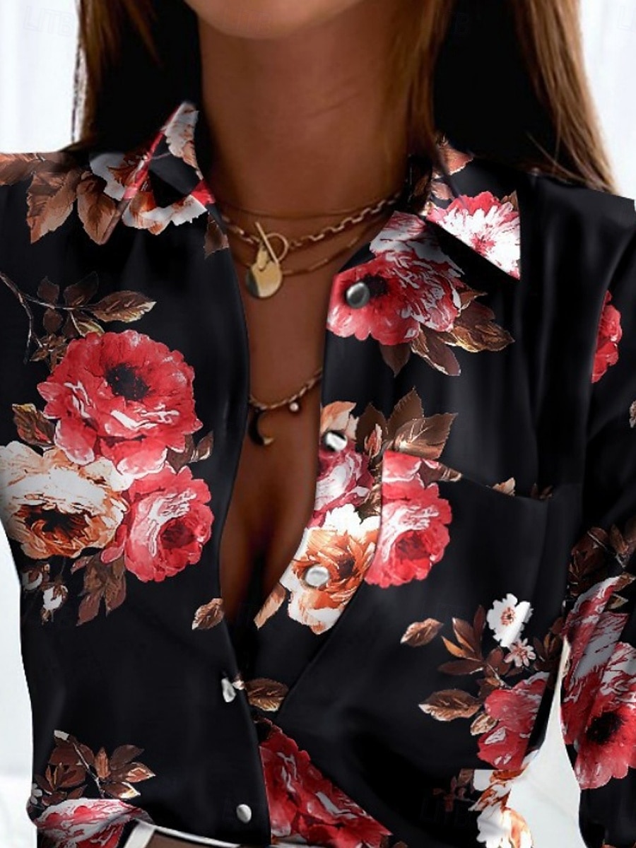 Dame Skjorte Bluse Blomstret Geometrisk Stilfull Fritid Langermet Skjortekrage Vanlige topper Daglig Knapper Trykt mønster Svart Blå Grønn Sommer Vår 2025 - $22.99 –P2