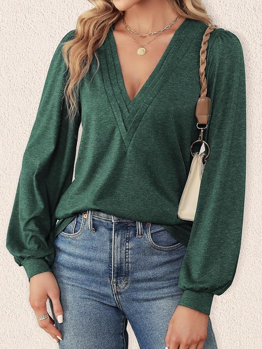 Femme Chemise Chemisier Couleur unie mode Décontractées manche longue Col V Hauts réguliers du quotidien Fuchsia Vert Eté Printemps de 2025 ? $28.99 –P7