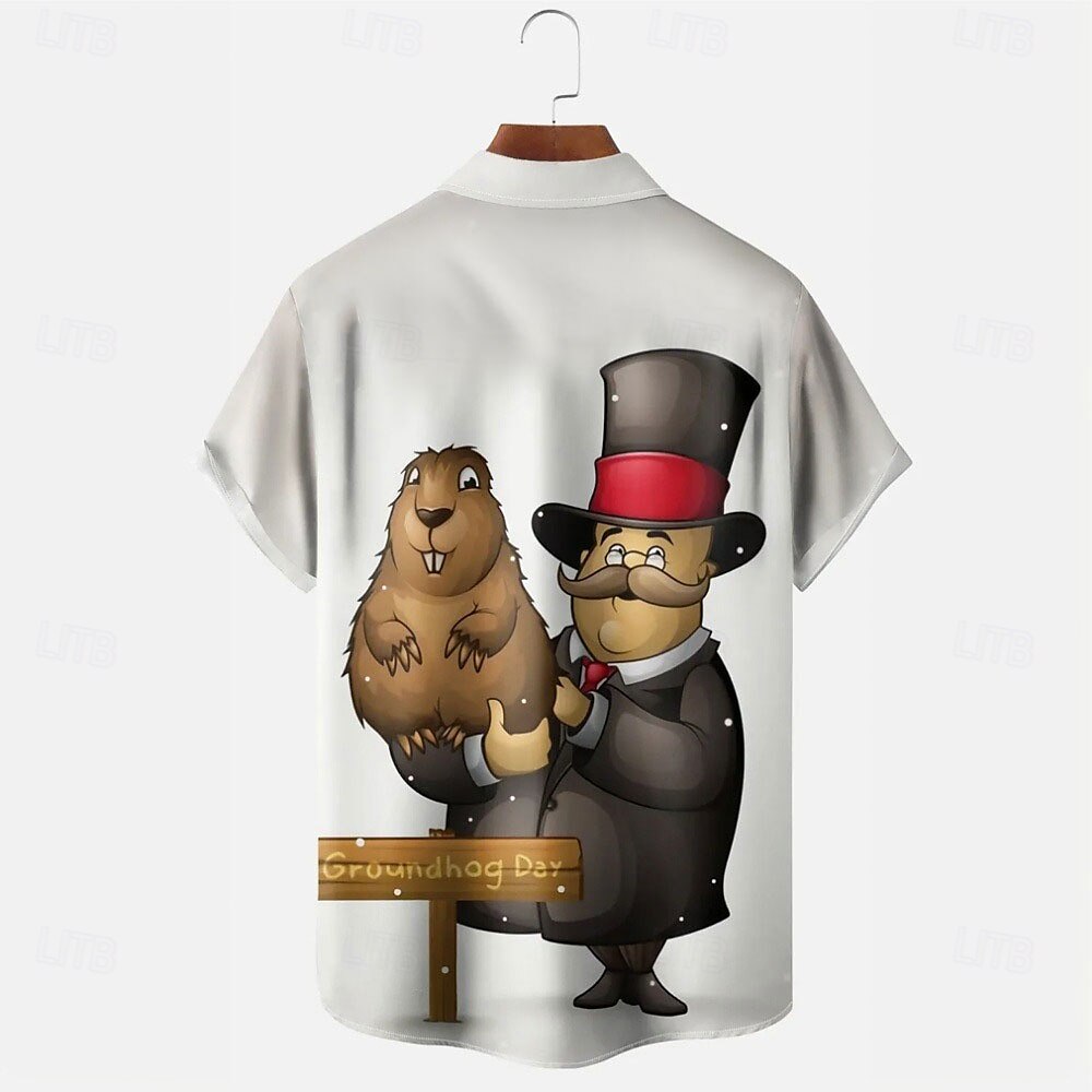 Groundhog Day Miesten Eläin Rento paita Button Up paita Lyhythihainen Vapaa-aika Kausaliteetti Kesä Kevät Sänkyjen avaus Painike ylös Tasku Valkoinen 2025 - $24.99 –P2