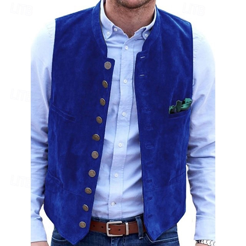 Men's Vest Gilet Suede Vest Vacation Daily Date Fashion Casual Spring & Fall Buttons Pocket Polyester Comfortable Plain Single Breasted One-button Stand Collar Regular Fit Black Red Blue Army Green 2025 - $44.99 –P3