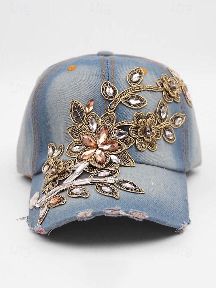 casquette de baseball en denim à imprimé floral pour femme avec détails en strass et perles – chapeau décontracté tendance pour l'extérieur, le quotidien et l'été de 2025 ? $11.99 –P2
